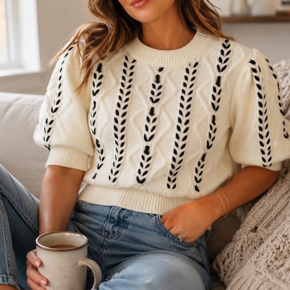 Commense Cream Cable Knit Puff Sleeve Sweater Black Contrast Embroidery Medium
